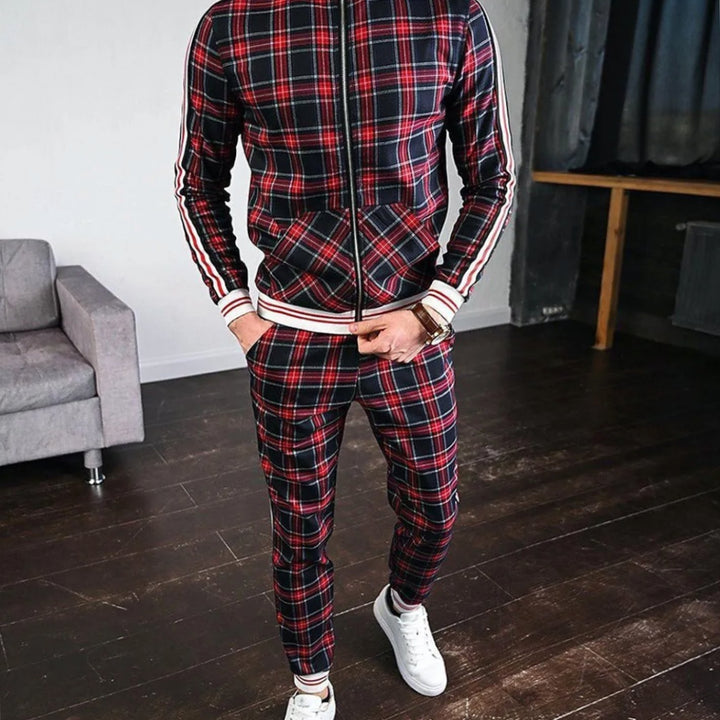 Men's Plaid Two-Piece Zip-Up Jogging Tracksuit - Red