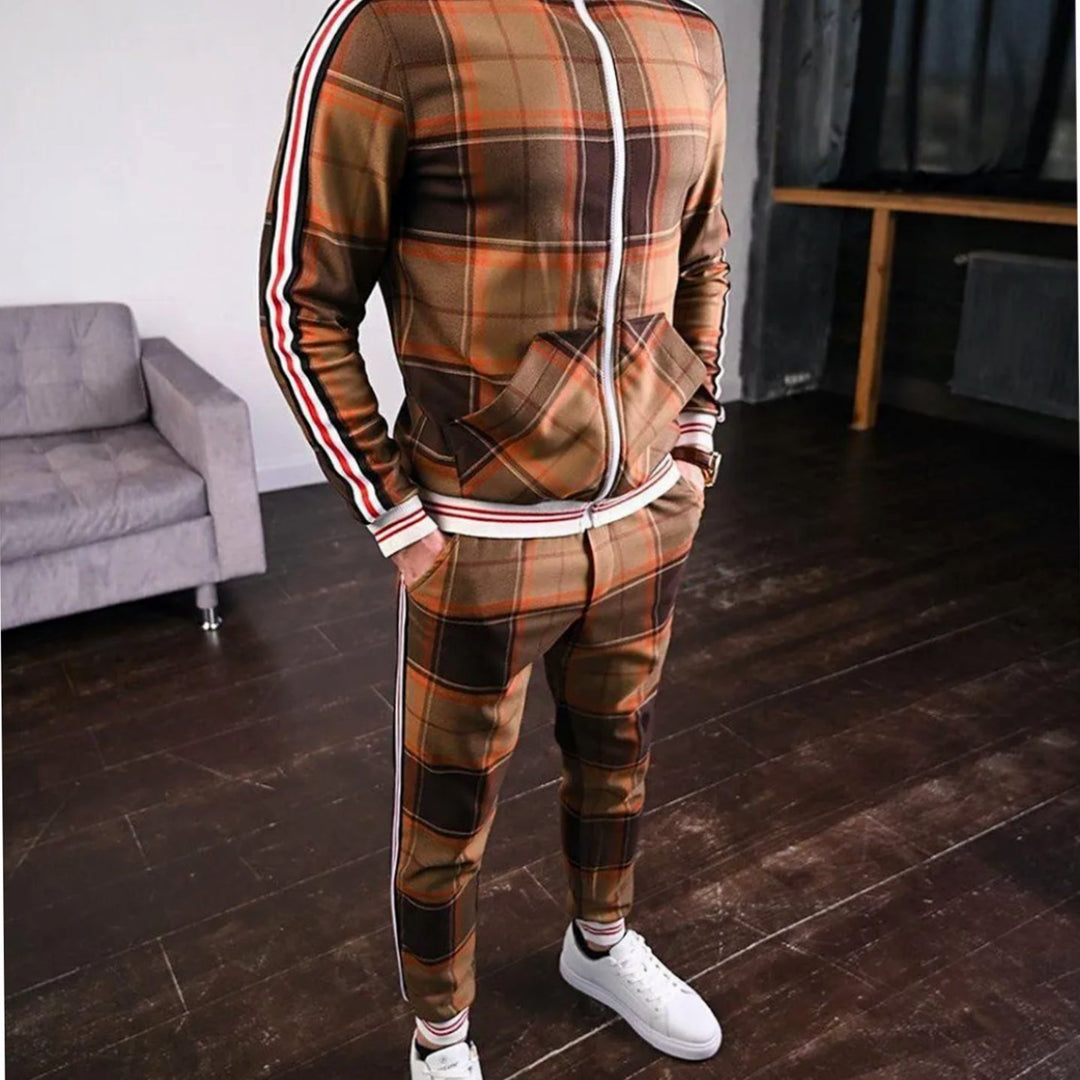Men's Plaid Two-Piece Zip-Up Jogging Tracksuit - Orange