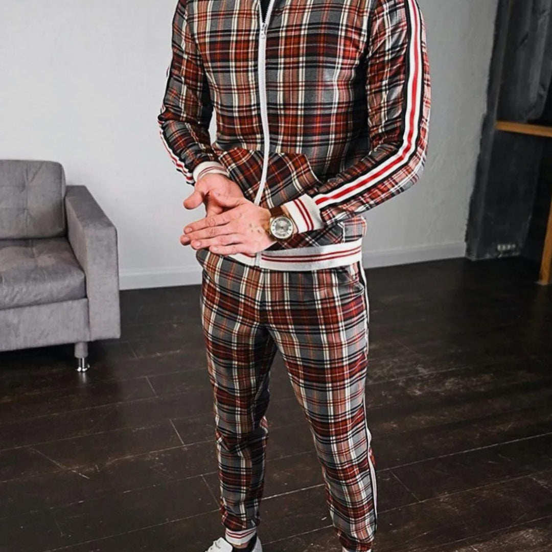 Men's Plaid Two-Piece Zip-Up Jogging Tracksuit - Khaki
