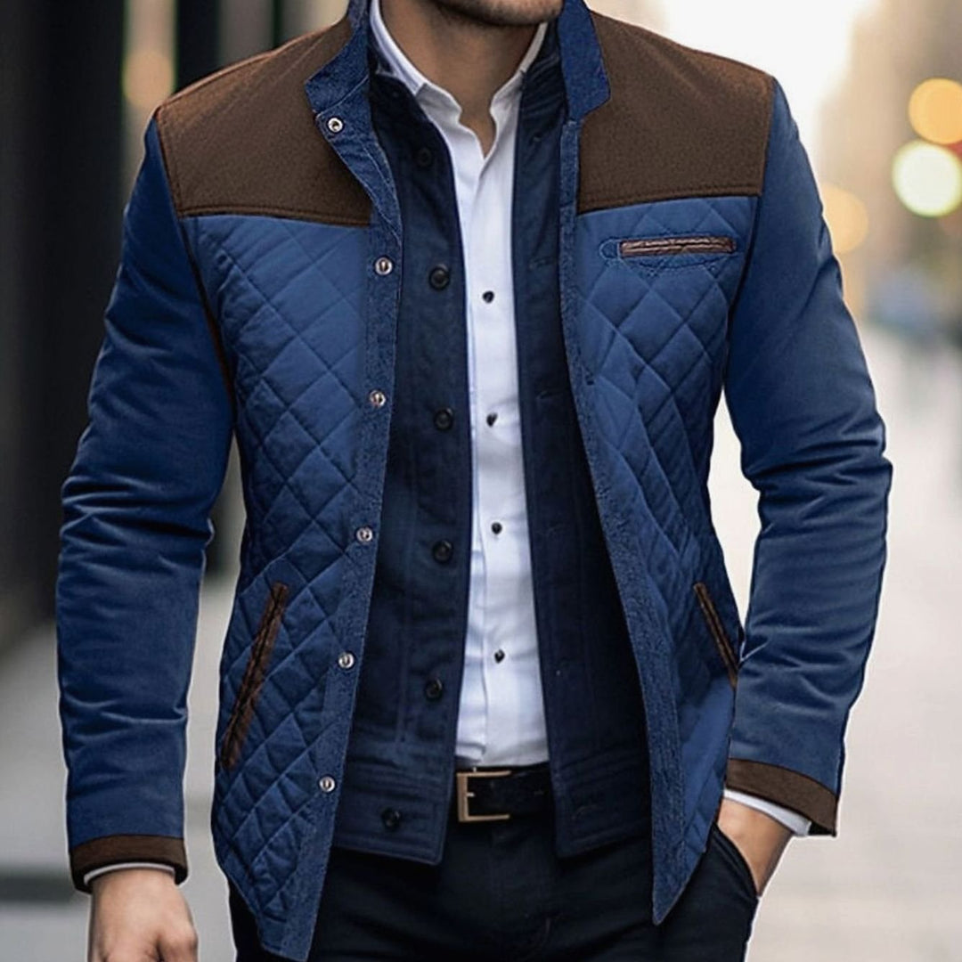 Men's Quilted Color-Block Stand-Collar Button-Front Jacket - Brown