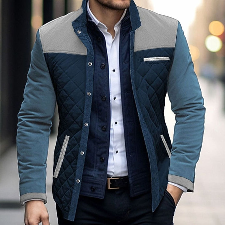 Men's Quilted Color-Block Stand-Collar Button-Front Jacket - Khaki