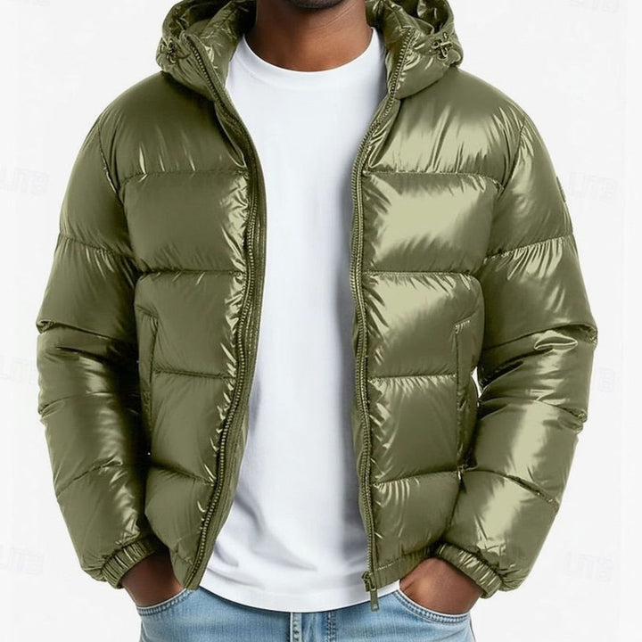 Men's Quilted Hooded Coated Puffer Jacket, Army Green - Green