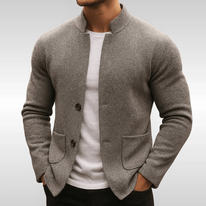 Men's Quilted Jacket Collarless Button-Up Cardigan Blazer - Gray