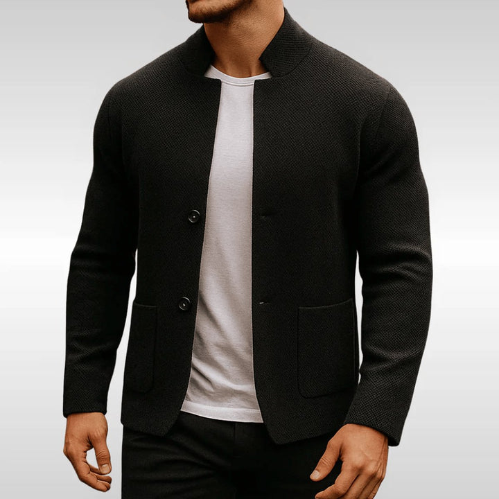 Men's Quilted Jacket Collarless Button-Up Cardigan Blazer - Black