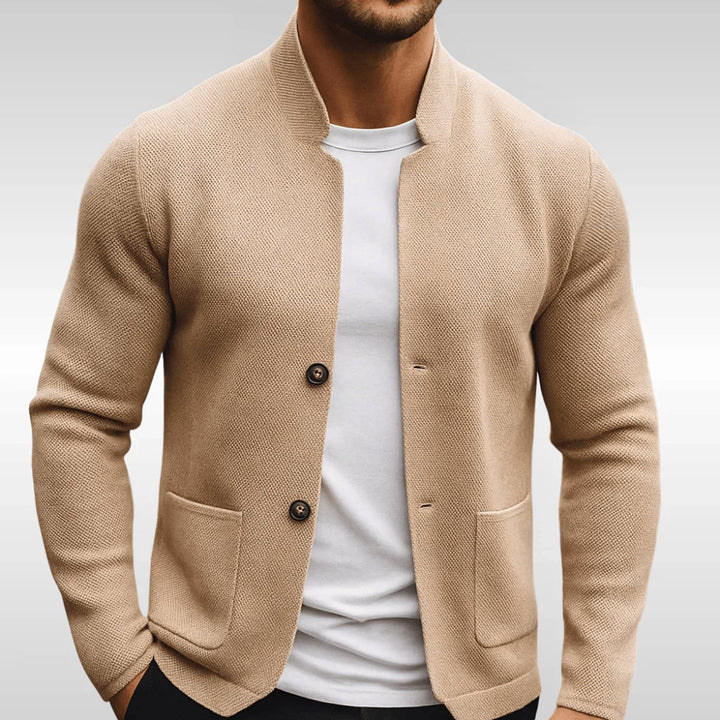 Men's Quilted Jacket Collarless Button-Up Cardigan Blazer - Beige