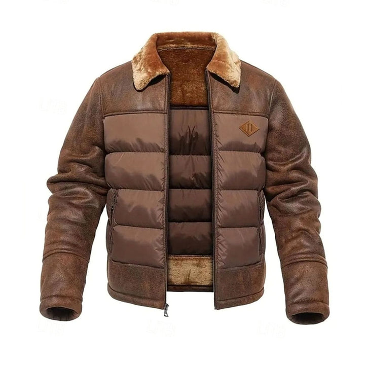 Men's Quilted Jacket Sherpa-Collar Coated Puffer Winter Coat - Dark Brown