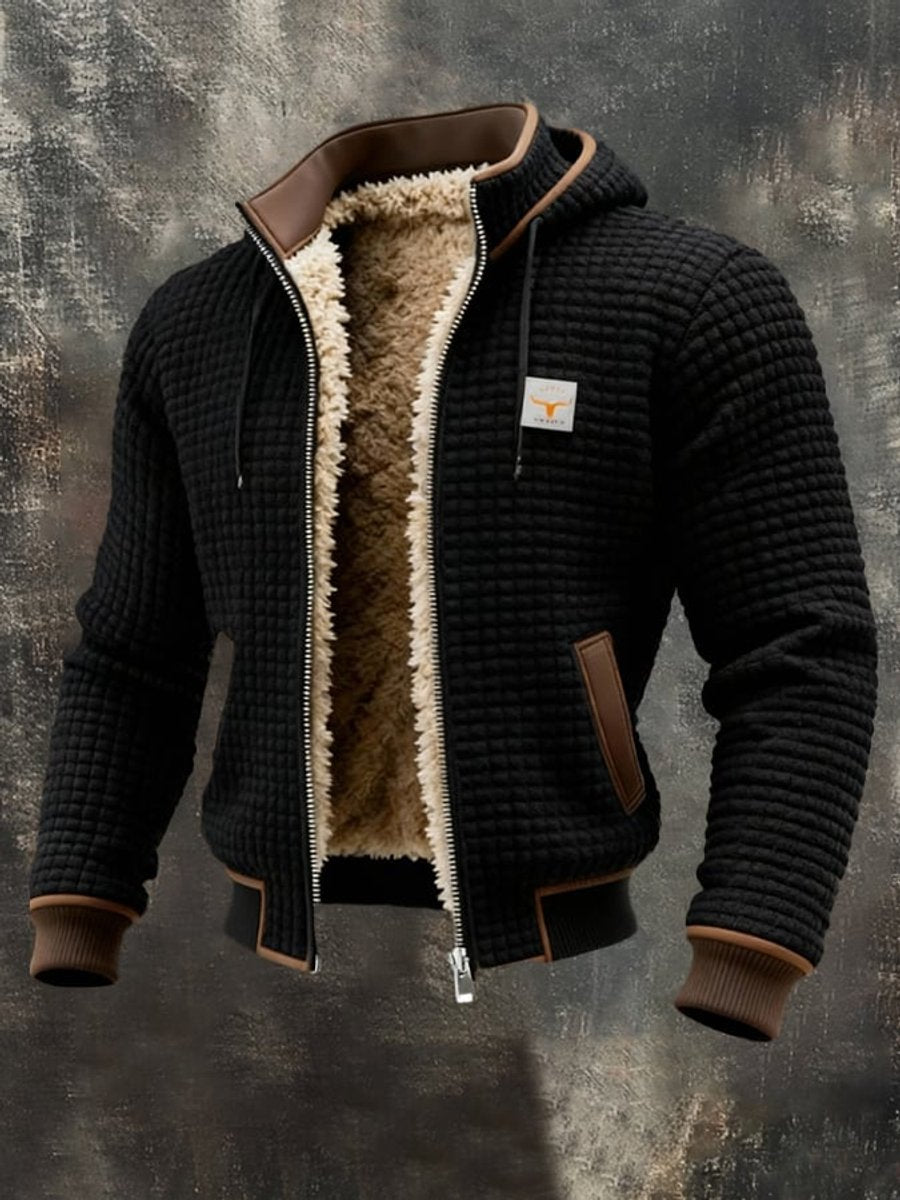 Men's Quilted Jacket Sherpa Fleece Lined Hooded Full-Zip - Black