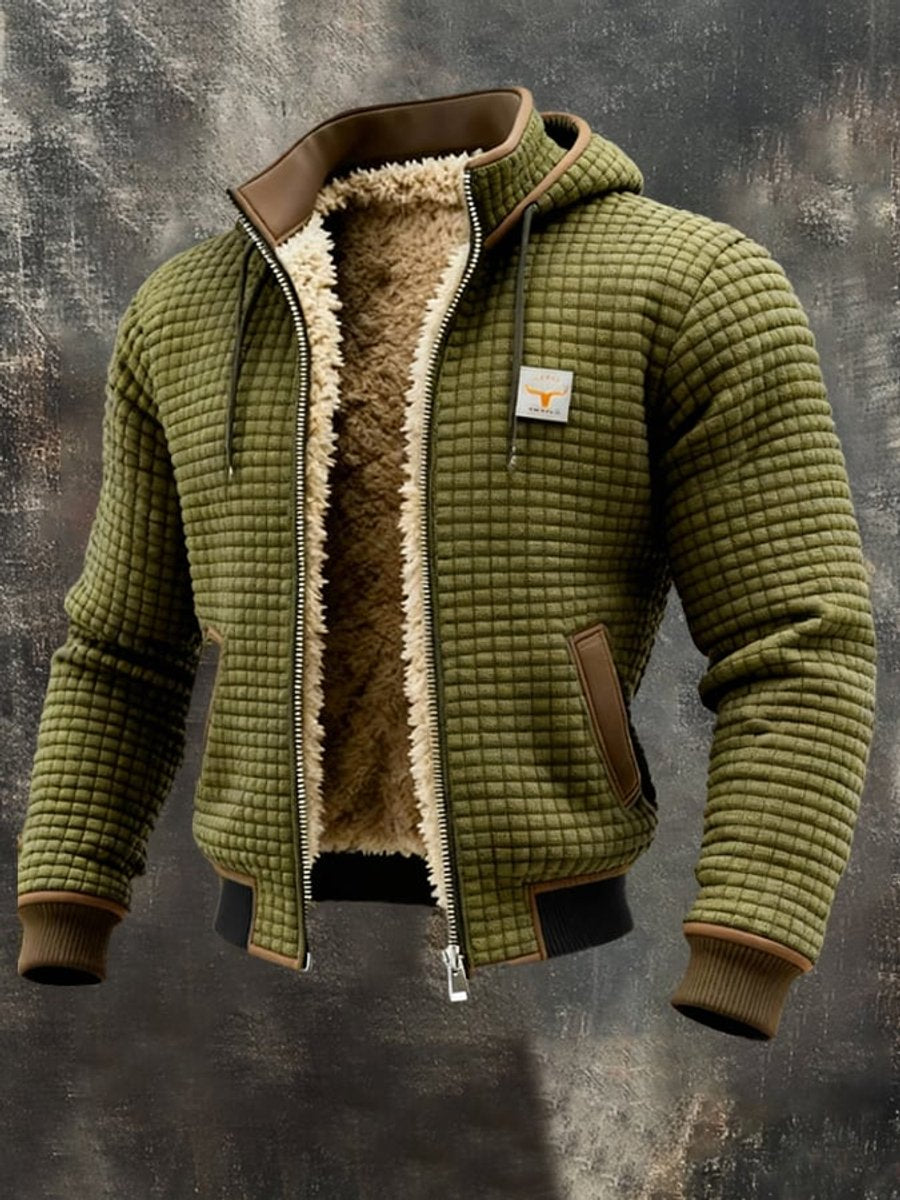 Men's Quilted Jacket Sherpa Fleece Lined Hooded Full-Zip - Olive Green