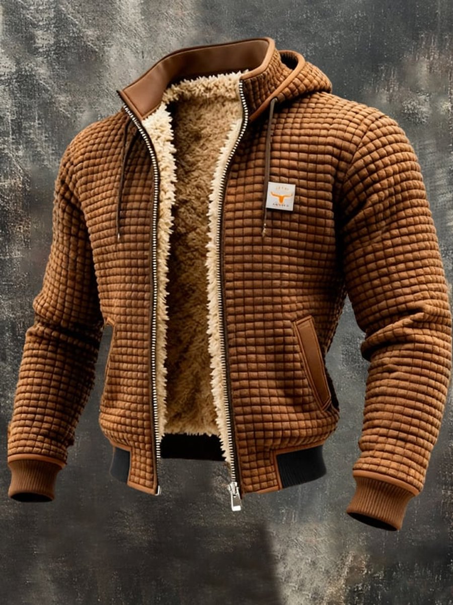 Men's Quilted Jacket Sherpa Fleece Lined Hooded Full-Zip - Brown