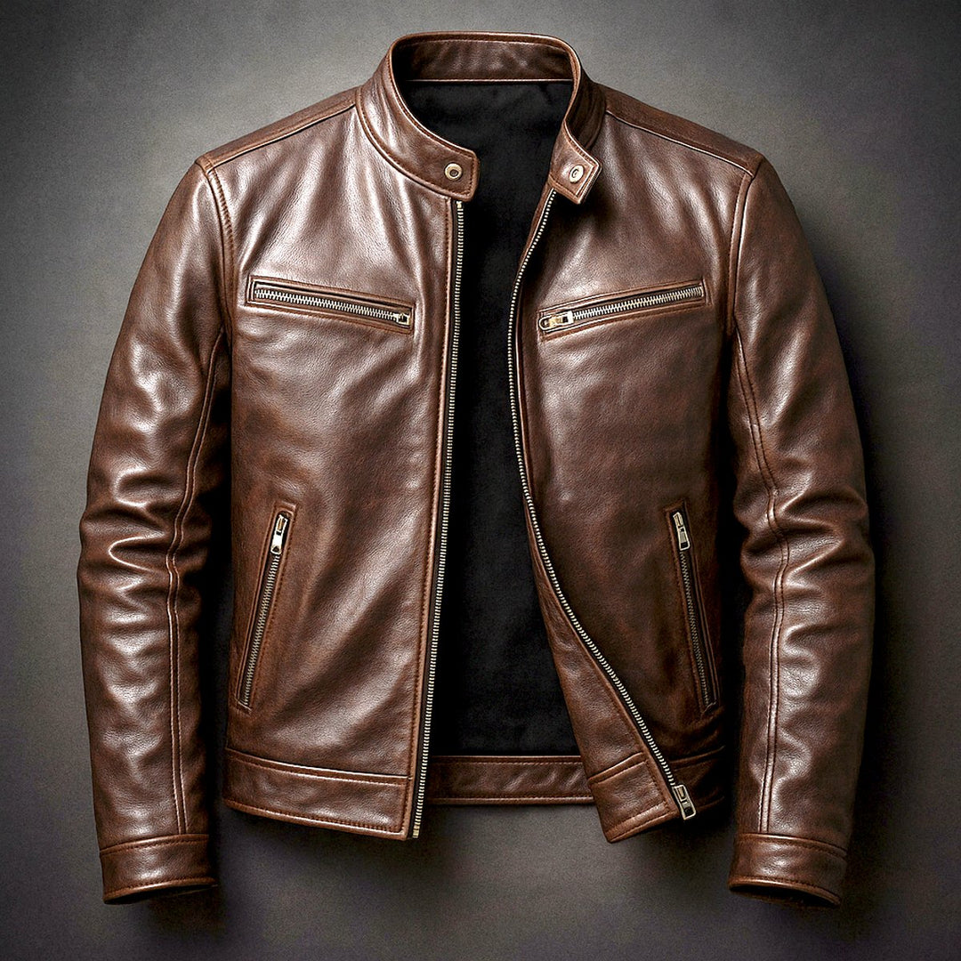 Mens Quilted Jacket Vintage Biker Leather Moto Zip-Up - Cigar Brown