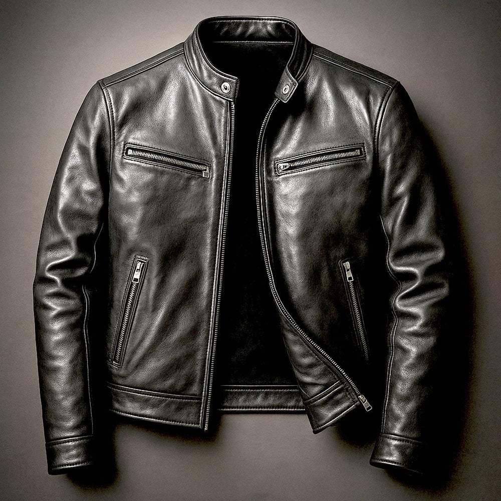 Mens Quilted Jacket Vintage Biker Leather Moto Zip-Up - Biker Black