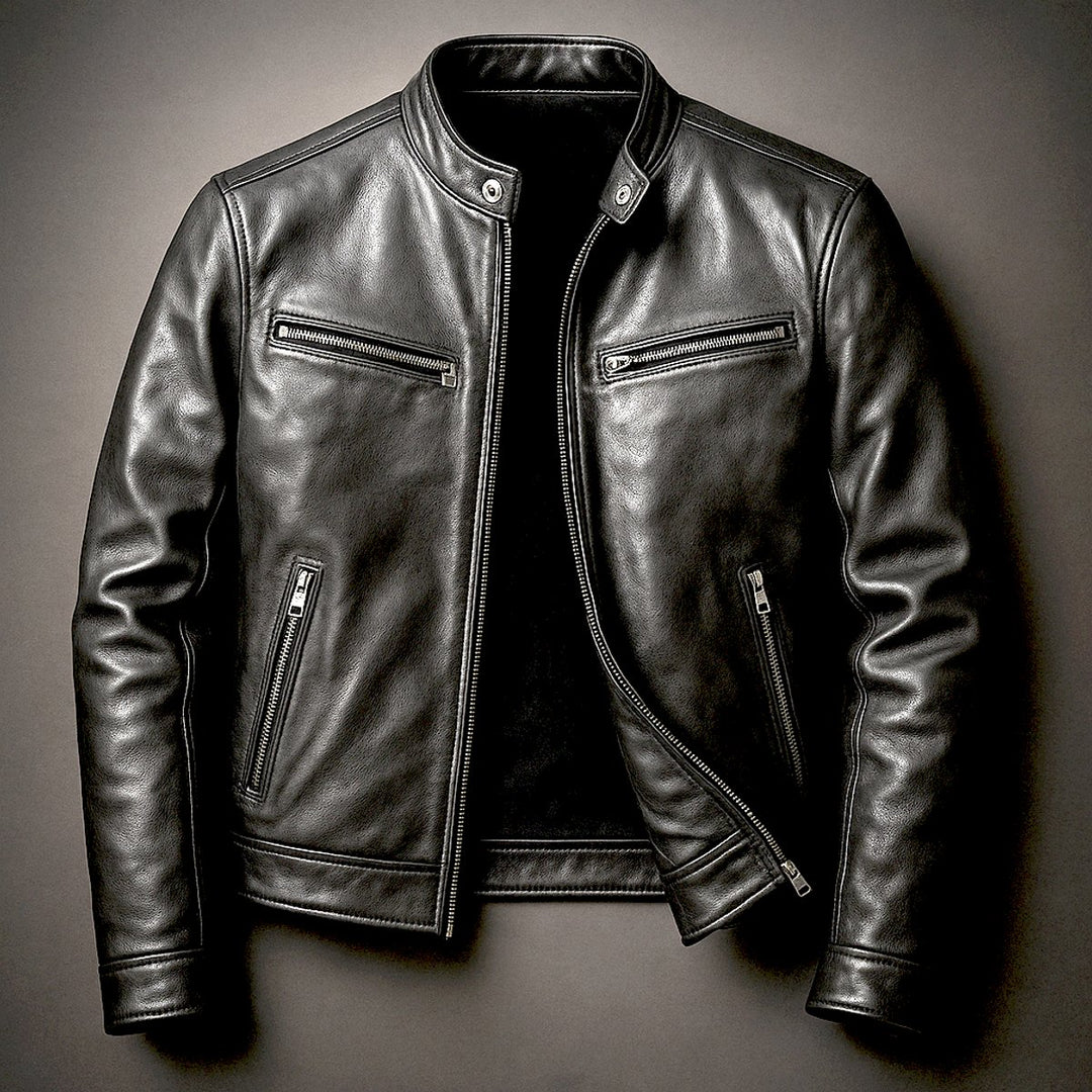 Mens Quilted Jacket Vintage Biker Leather Moto Zip-Up - Biker Black