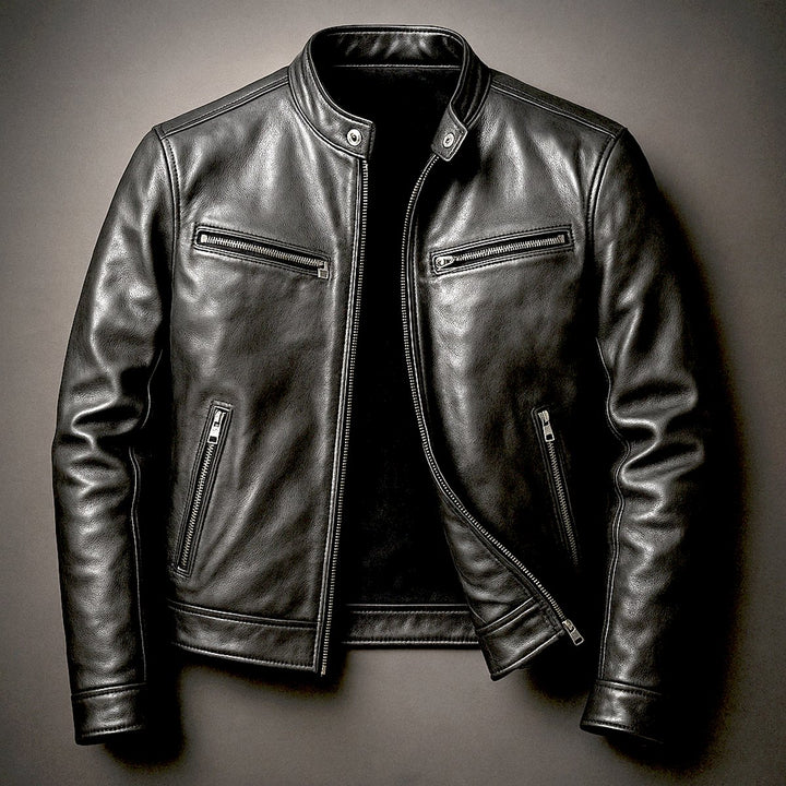 Mens Quilted Jacket Vintage Biker Leather Moto Zip-Up - Biker Black