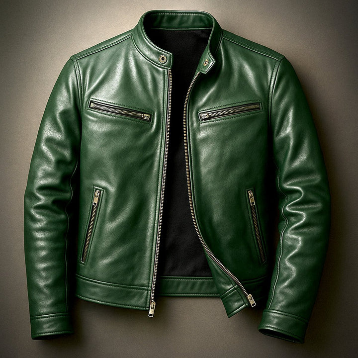 Mens Quilted Jacket Vintage Biker Leather Moto Zip-Up - Forest Green