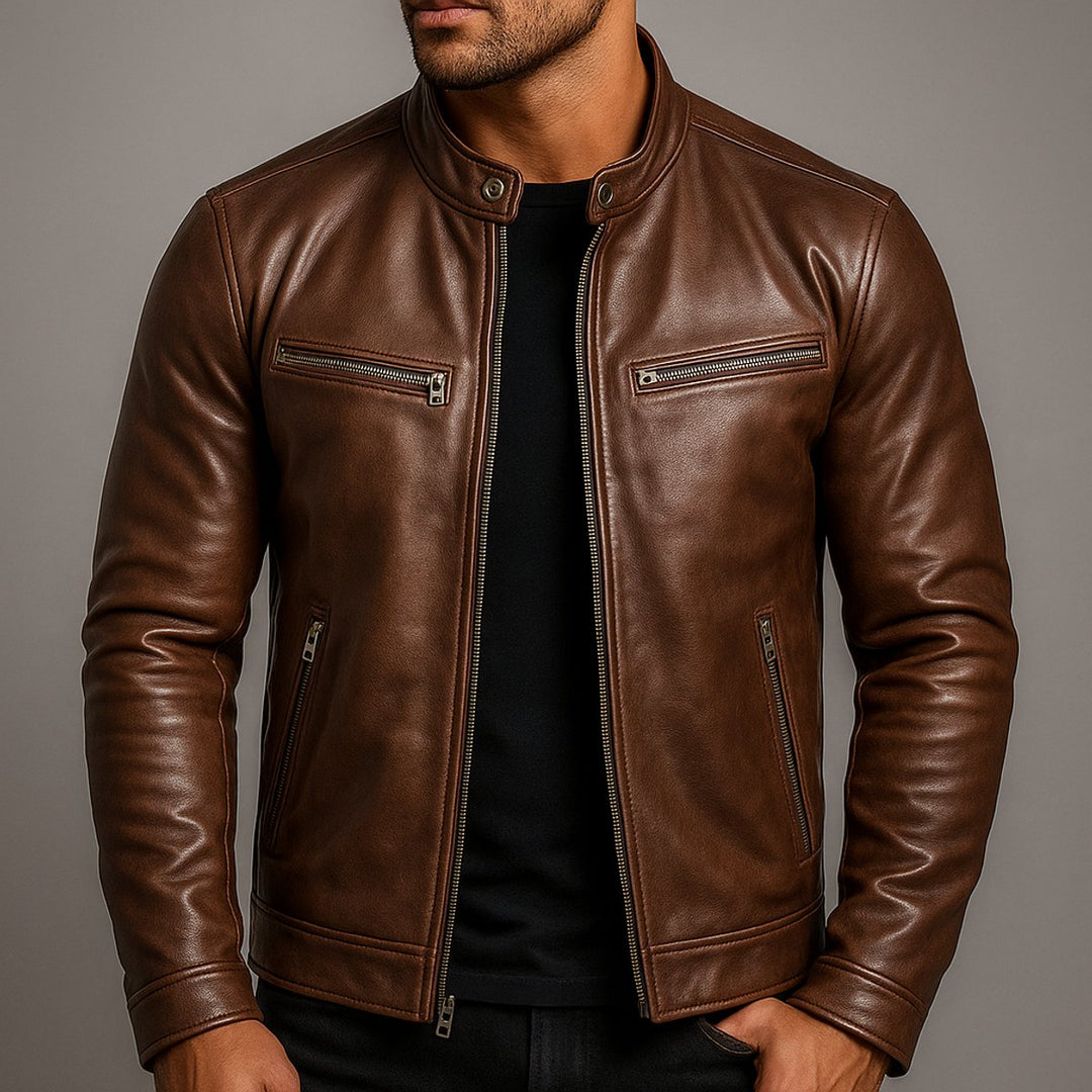 Mens Quilted Jacket Vintage Biker Leather Moto Zip-Up
