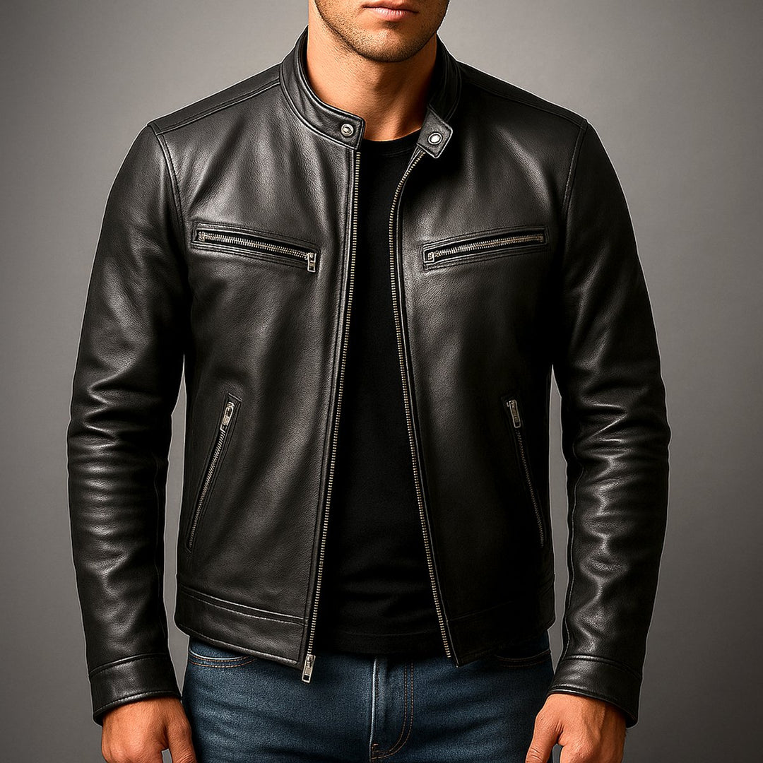 Mens Quilted Jacket Vintage Biker Leather Moto Zip-Up