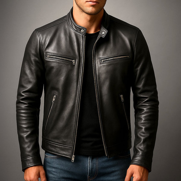 Mens Quilted Jacket Vintage Biker Leather Moto Zip-Up