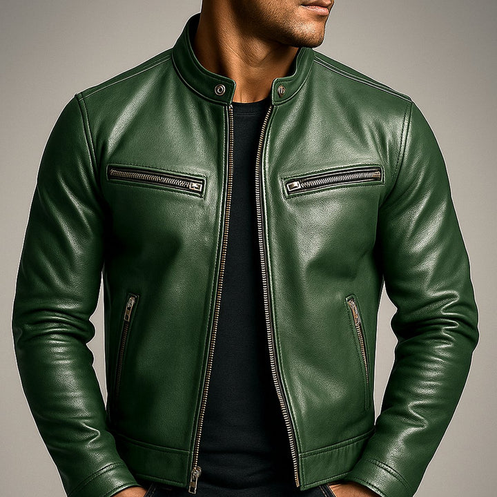 Mens Quilted Jacket Vintage Biker Leather Moto Zip-Up