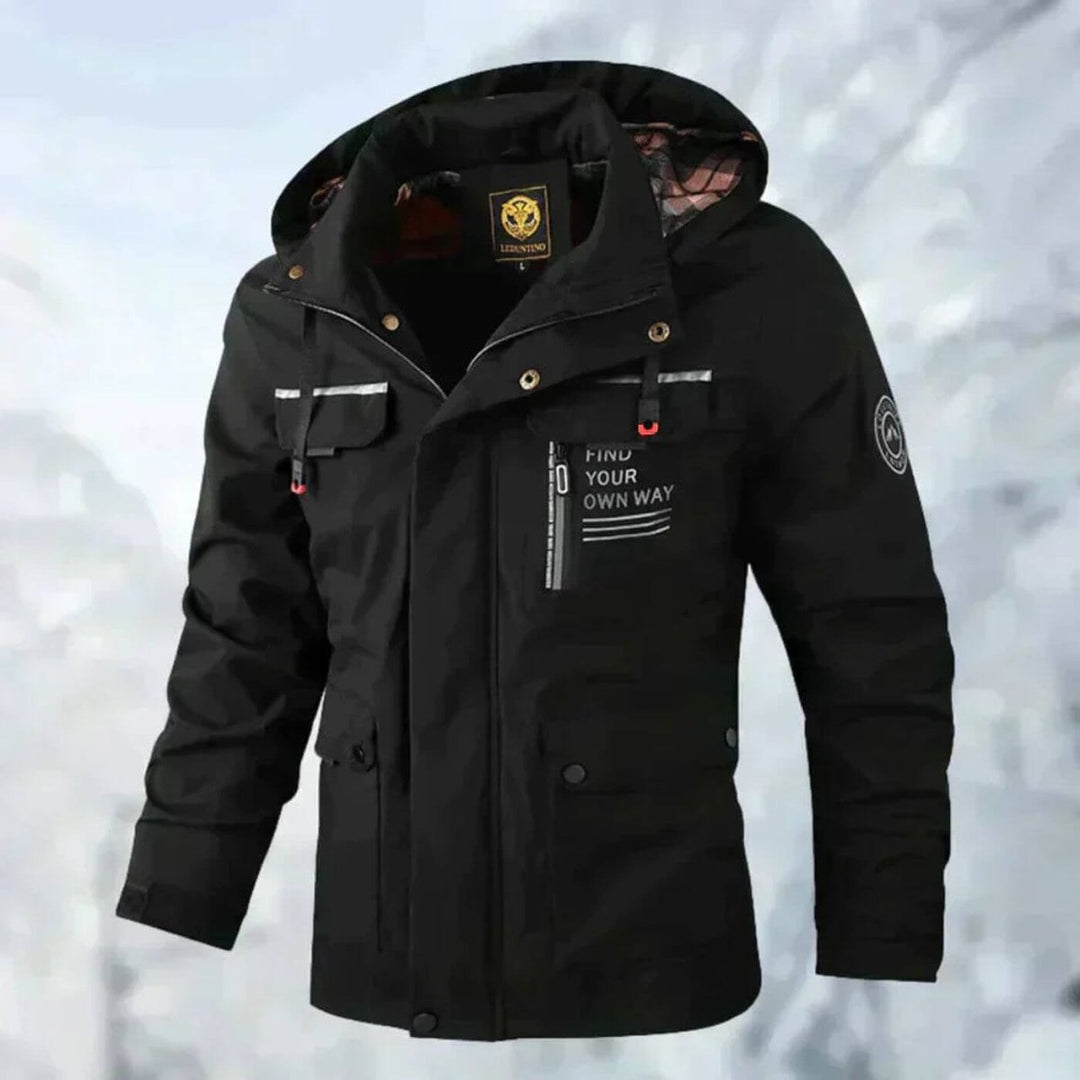 Mens Quilted Jacket Waterproof Hooded Windproof Outdoor Shell - Black
