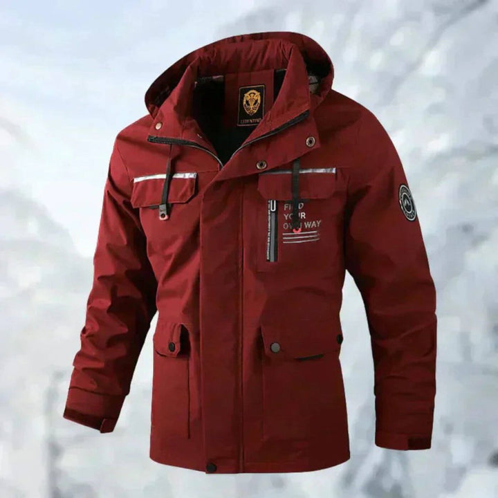 Mens Quilted Jacket Waterproof Hooded Windproof Outdoor Shell - Red