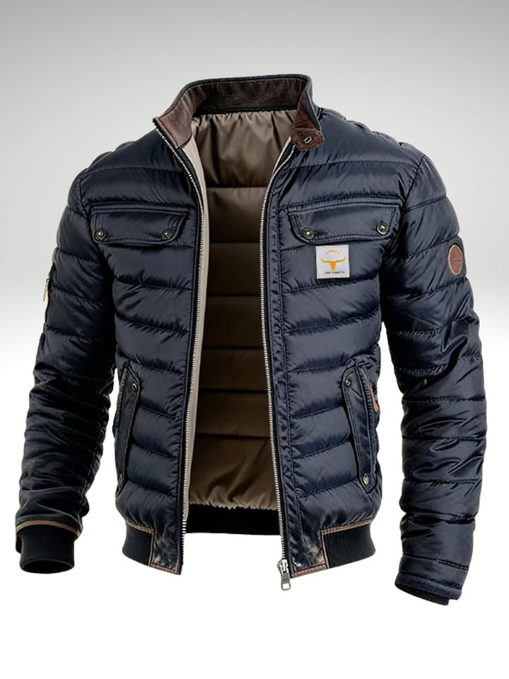 Mens Quilted Puffer Jacket Stand Collar Full-Zip Winter Coat - Navy Blue