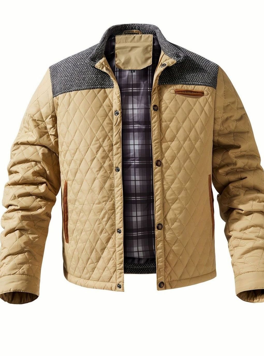 Men's Quilted Stand-Collar Two-Tone Snap-Front Jacket