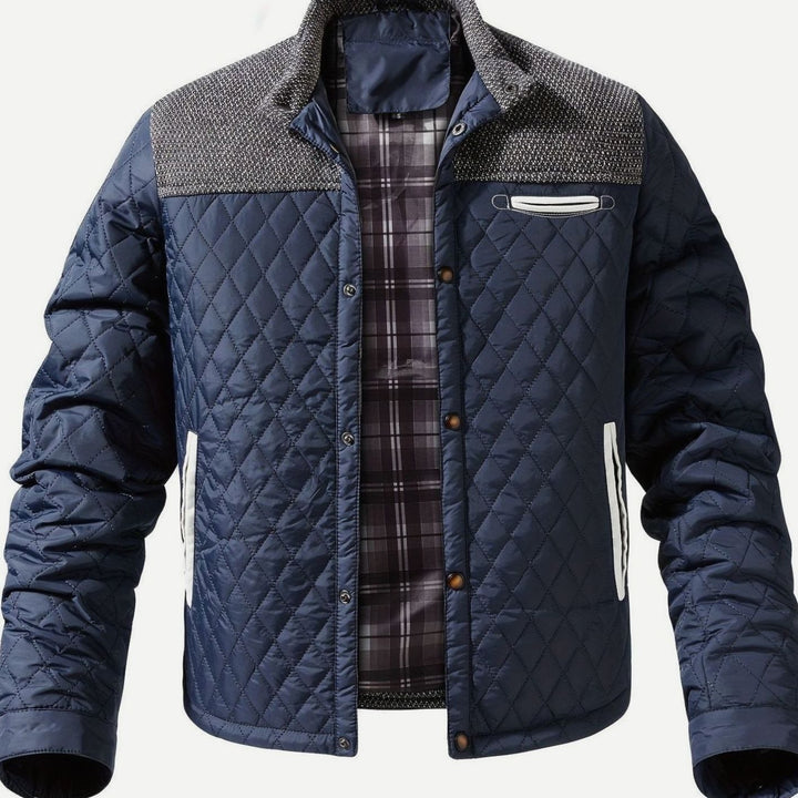 Men's Quilted Stand-Collar Two-Tone Snap-Front Jacket - Navy
