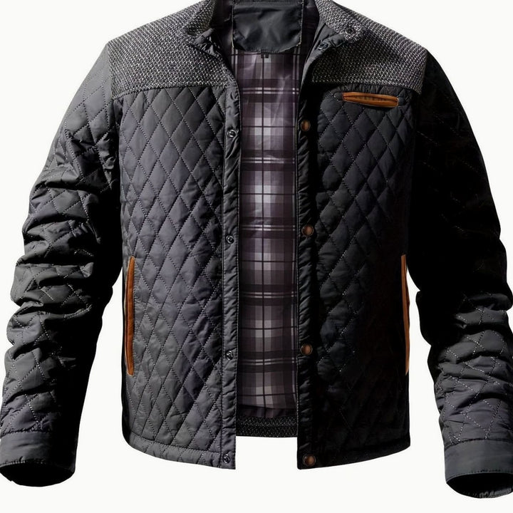 Men's Quilted Stand-Collar Two-Tone Snap-Front Jacket - Black
