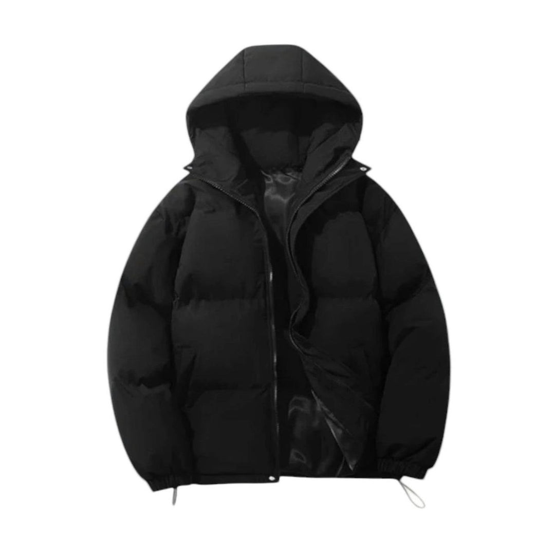 Men's Quilted Zip-Up Hooded Jacket Insulated Winter Puffer - Black