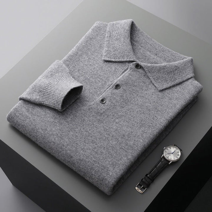Men's Regular-Fit Knit Cotton Long-Sleeve Polo Sweater - Grey