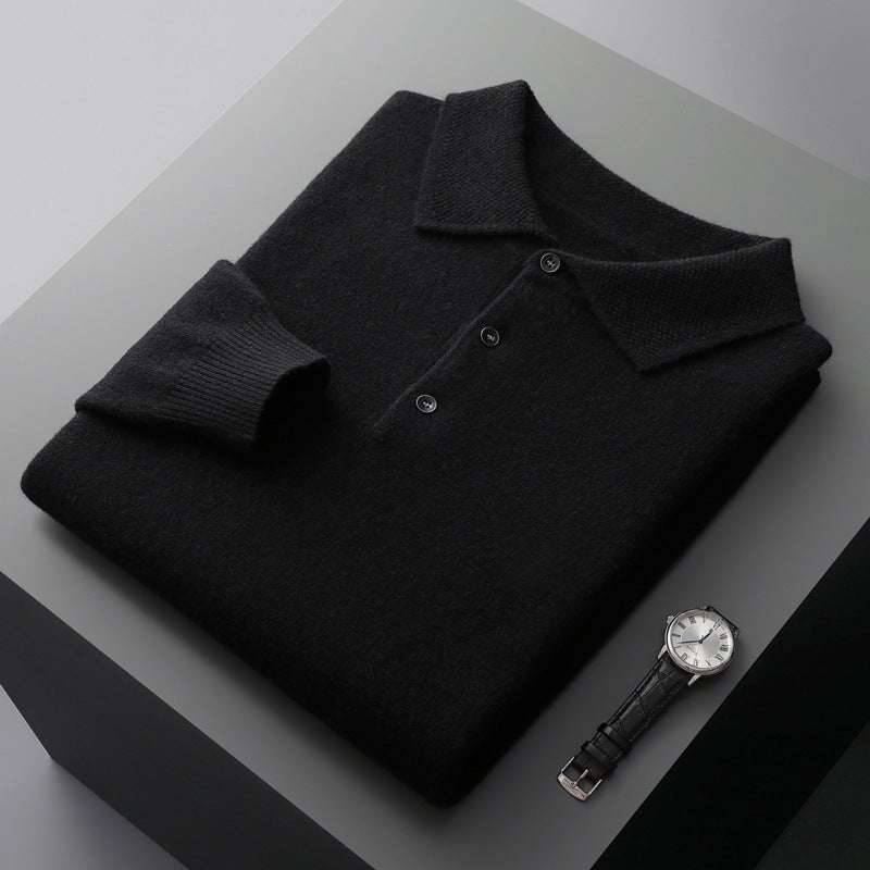 Men's Regular-Fit Knit Cotton Long-Sleeve Polo Sweater - Black