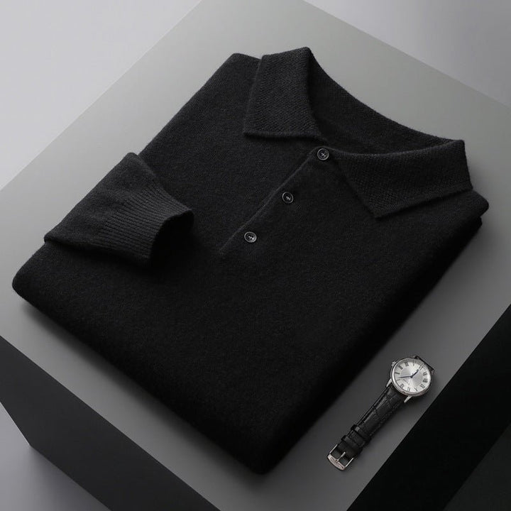 Men's Regular-Fit Knit Cotton Long-Sleeve Polo Sweater - Black