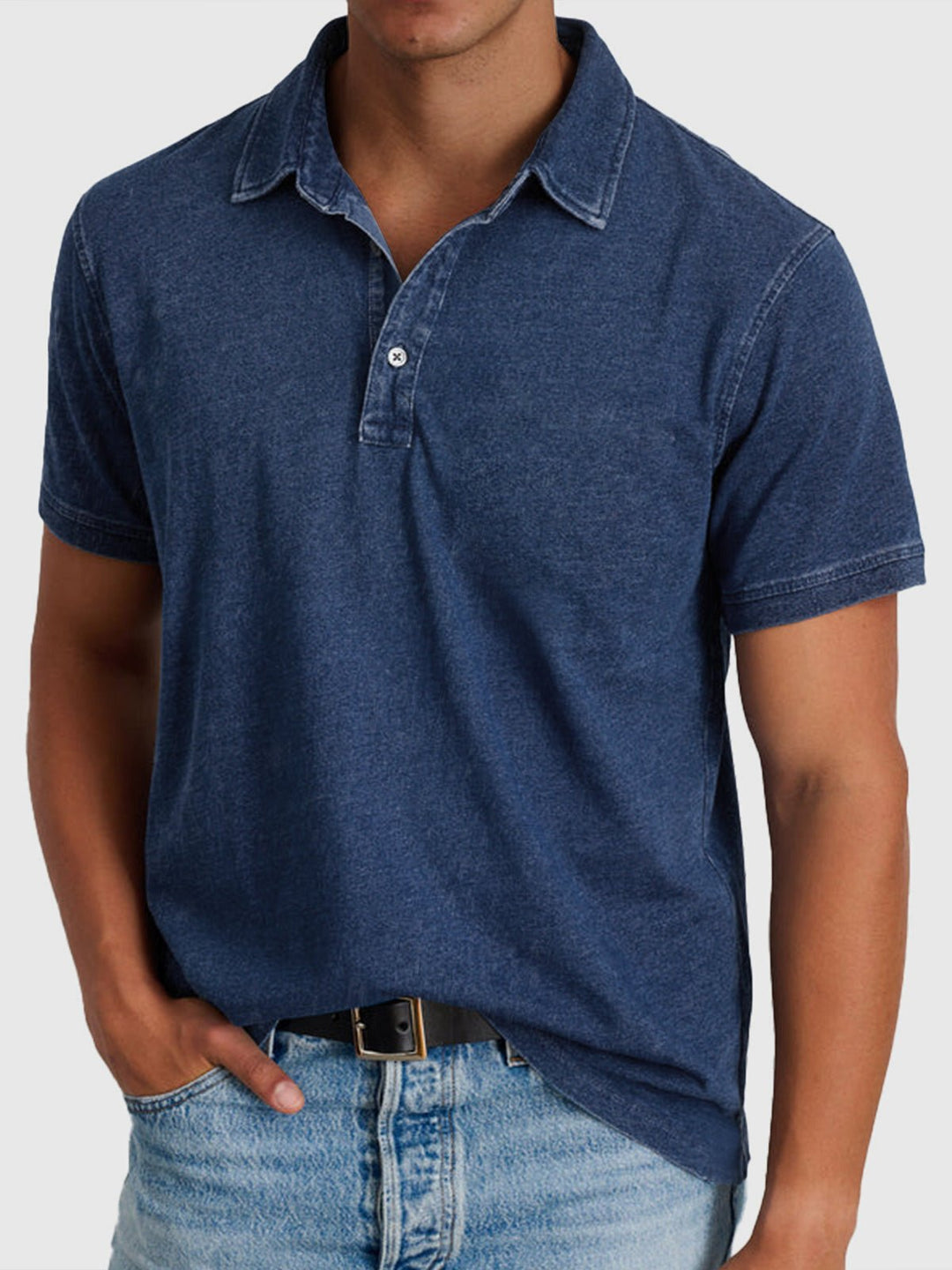 Men's Regular-Fit Short-Sleeve Cotton-Denim Polo Shirt - Navy Blue