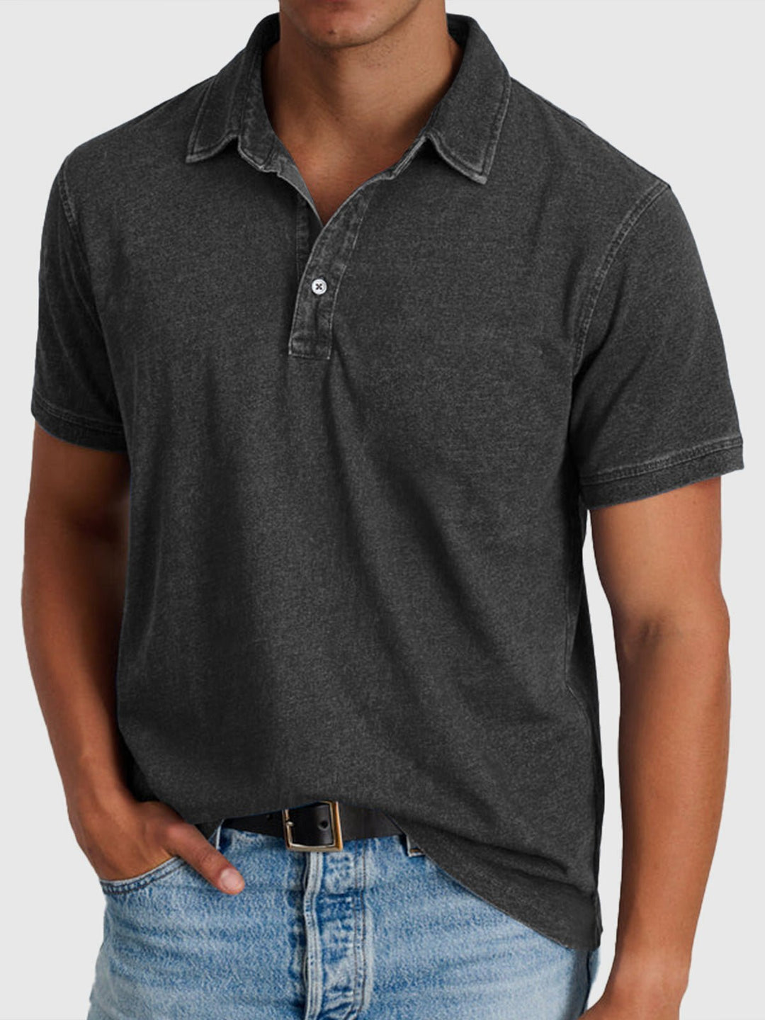 Men's Regular-Fit Short-Sleeve Cotton-Denim Polo Shirt - Black