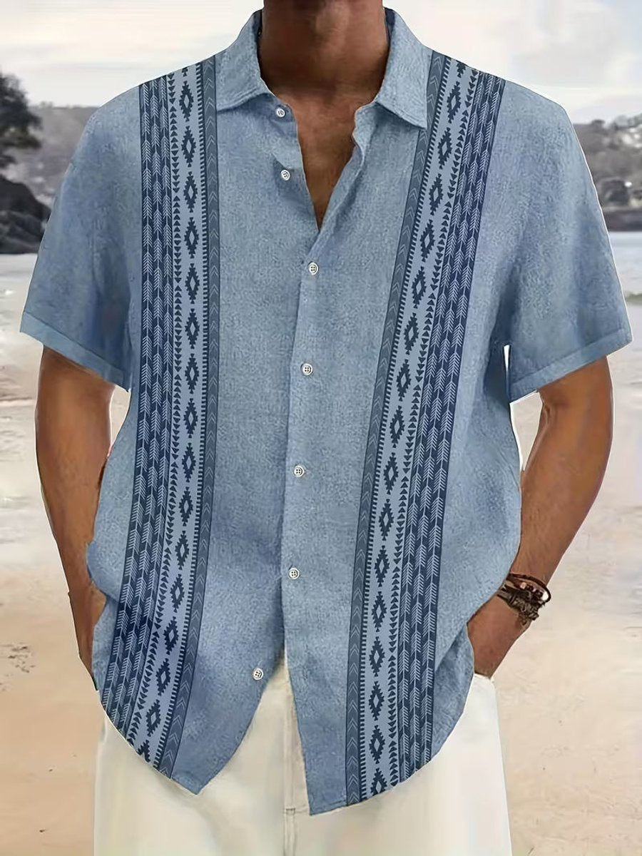Men's Relaxed-Fit Aztec Geometric Short-Sleeve Button-Down Shirt - Blue