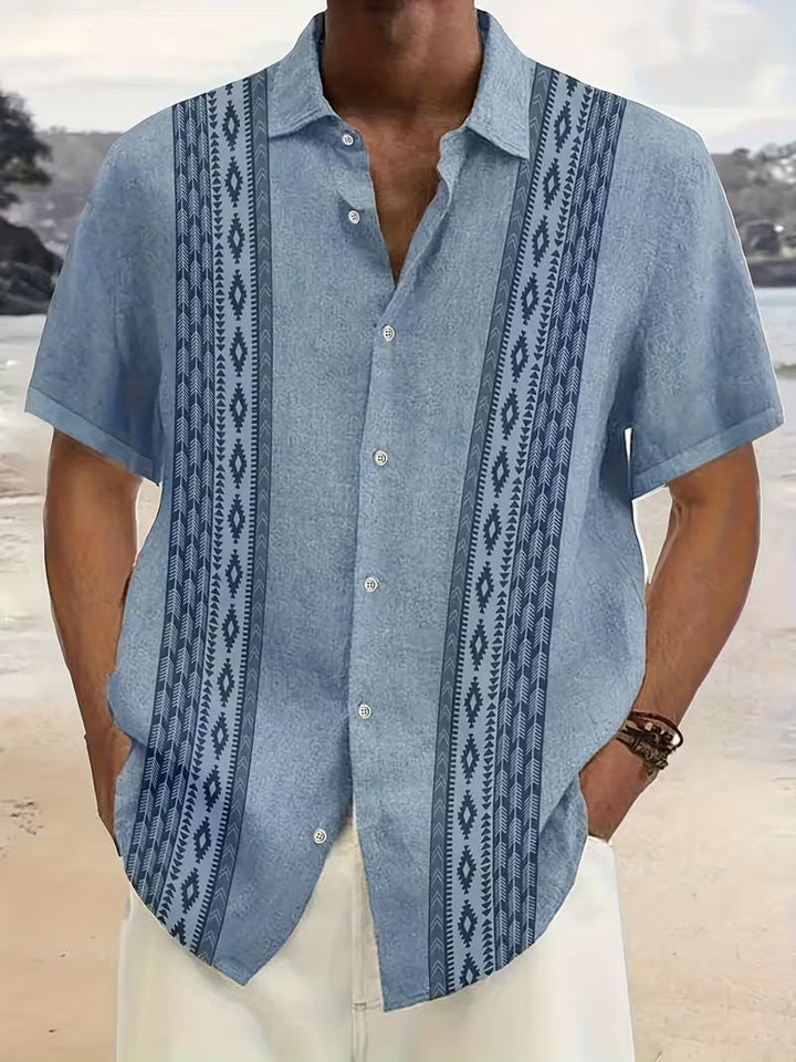 Men's Relaxed-Fit Aztec Geometric Short-Sleeve Button-Down Shirt - Blue