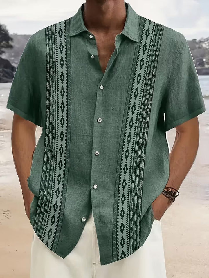 Men's Relaxed-Fit Aztec Geometric Short-Sleeve Button-Down Shirt - Green