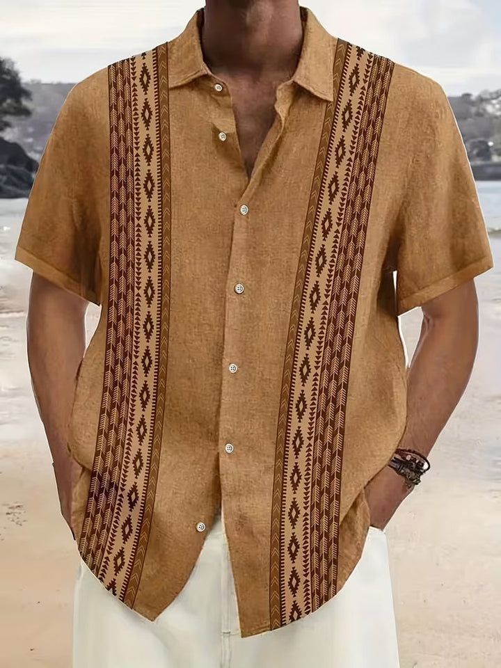 Men's Relaxed-Fit Aztec Geometric Short-Sleeve Button-Down Shirt - Brown