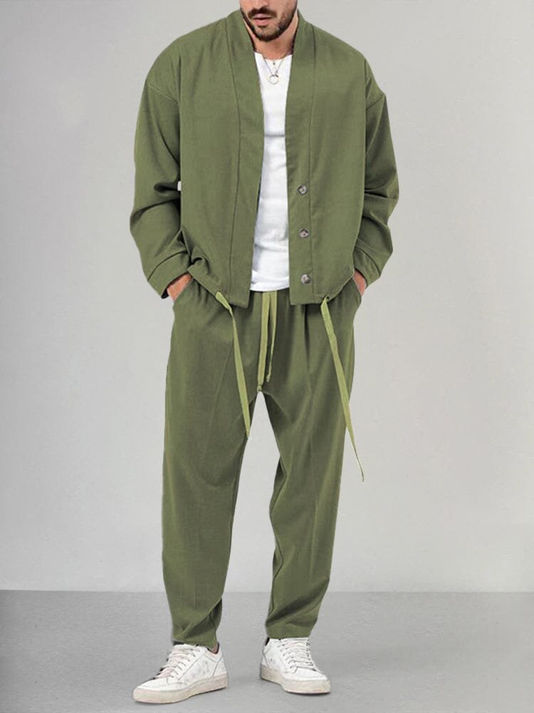 Men's Relaxed-Fit Button-Front Overshirt Drawstring Pants Lounge Set - Green