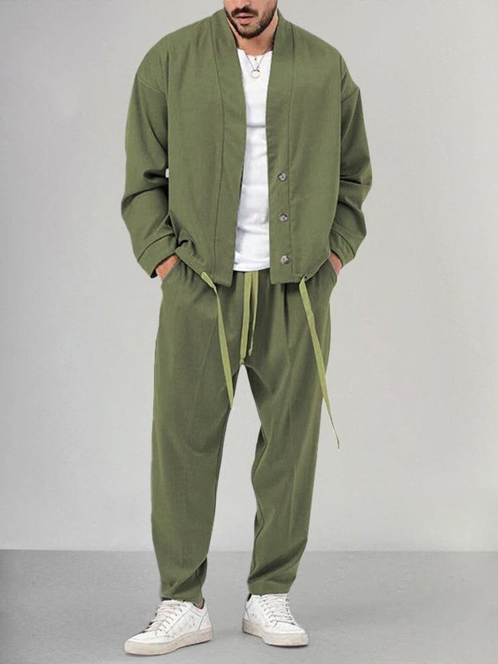 Men's Relaxed-Fit Button-Front Overshirt Drawstring Pants Lounge Set - Green