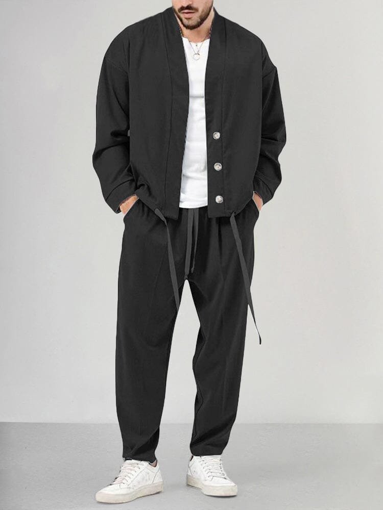 Men's Relaxed-Fit Button-Front Overshirt Drawstring Pants Lounge Set - Black