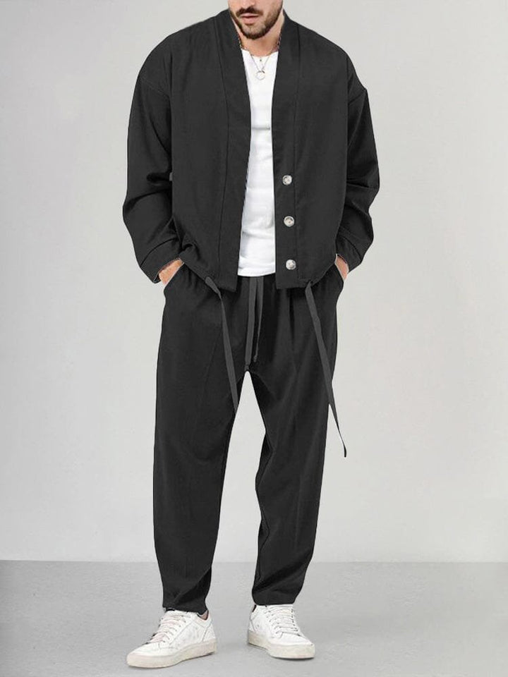 Men's Relaxed-Fit Button-Front Overshirt Drawstring Pants Lounge Set - Black