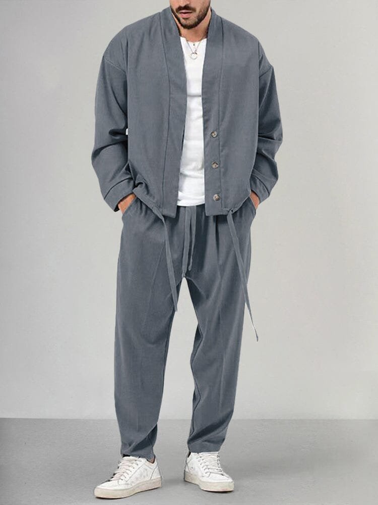 Men's Relaxed-Fit Button-Front Overshirt Drawstring Pants Lounge Set - Gray