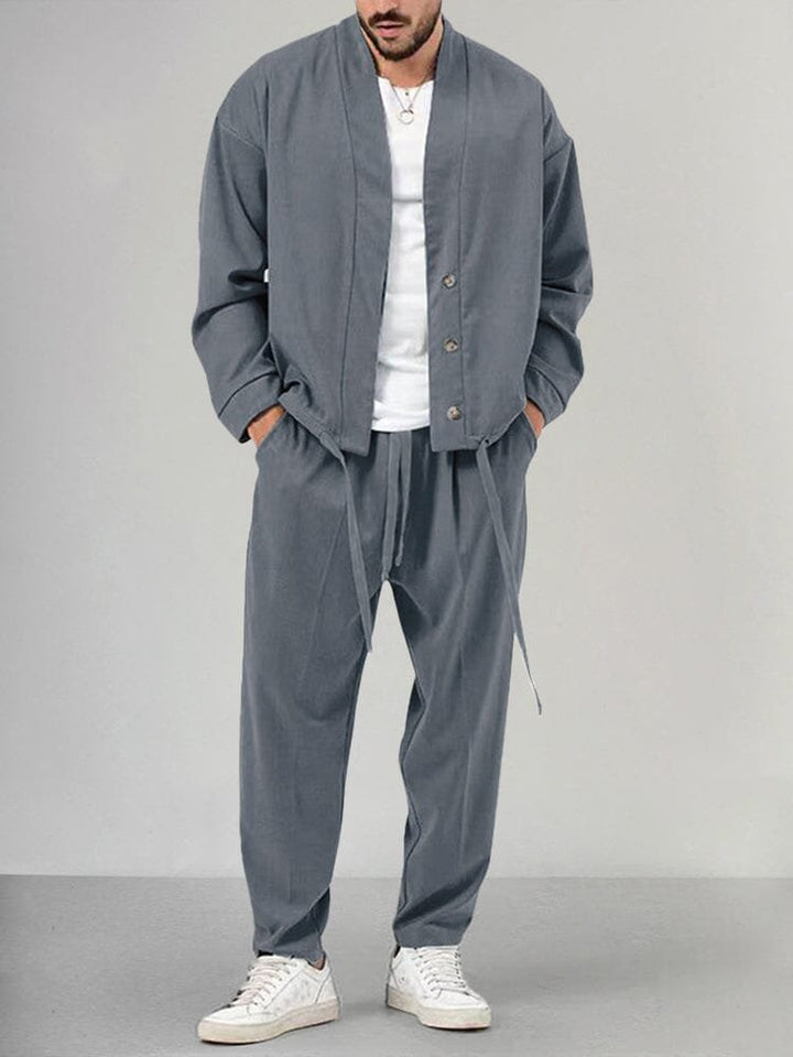 Men's Relaxed-Fit Button-Front Overshirt Drawstring Pants Lounge Set - Gray