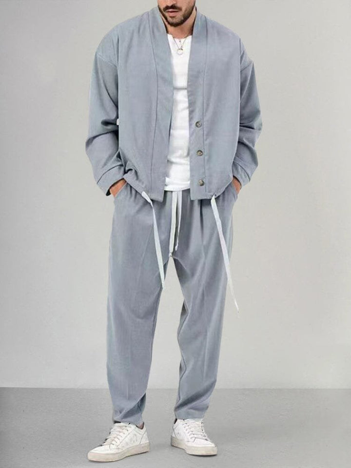 Men's Relaxed-Fit Button-Front Overshirt Drawstring Pants Lounge Set - Light Gray