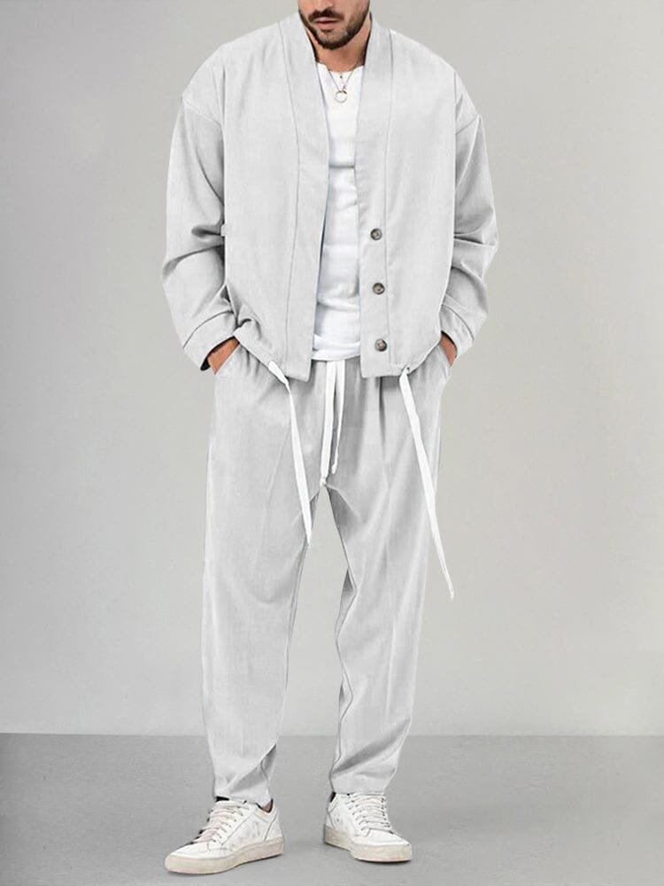 Men's Relaxed-Fit Button-Front Overshirt Drawstring Pants Lounge Set - White