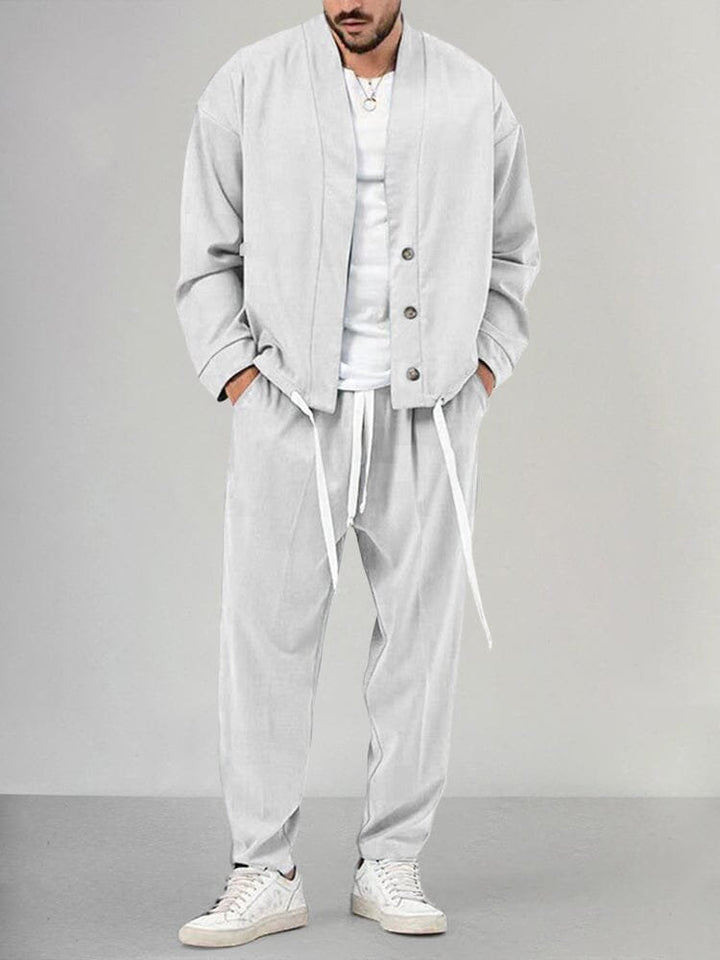 Men's Relaxed-Fit Button-Front Overshirt Drawstring Pants Lounge Set - White