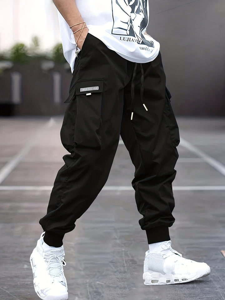 Men's Relaxed-Fit Drawstring Cuffed Ankle Cargo Jogger Pants - Black