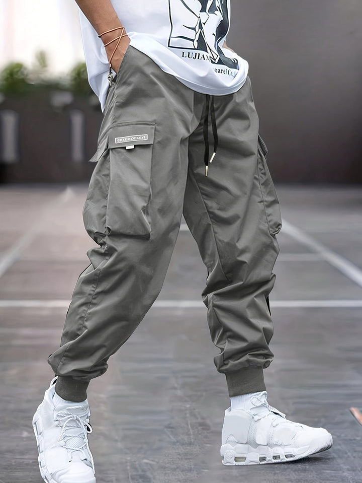 Men's Relaxed-Fit Drawstring Cuffed Ankle Cargo Jogger Pants - Gray