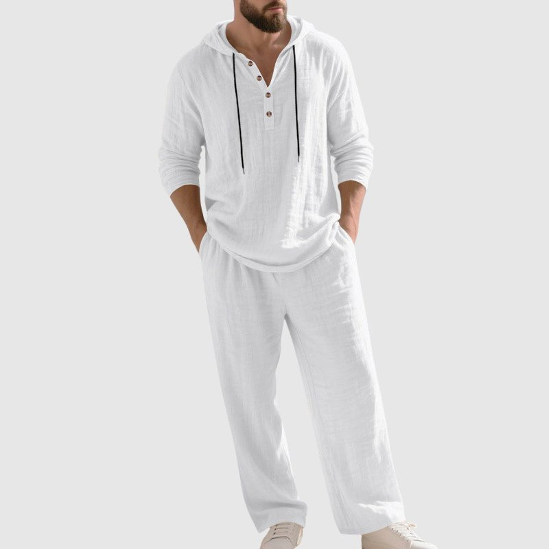 Men's Relaxed-Fit Hooded Henley Linen Two-Piece Set - White